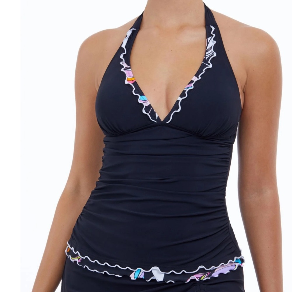 Profile by Gottex black colorful ruffle women’s tankini swim top Swimsuit 36D